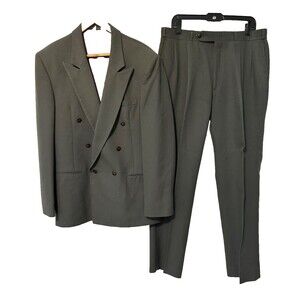 Cellini 2 Piece Suit Mens 44L Green Peaked Double‎ Breasted 38X32 Pants Pleated